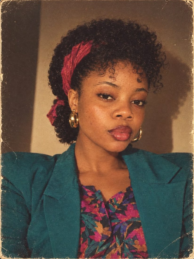 Neriah in a teal blazer and red headscarf