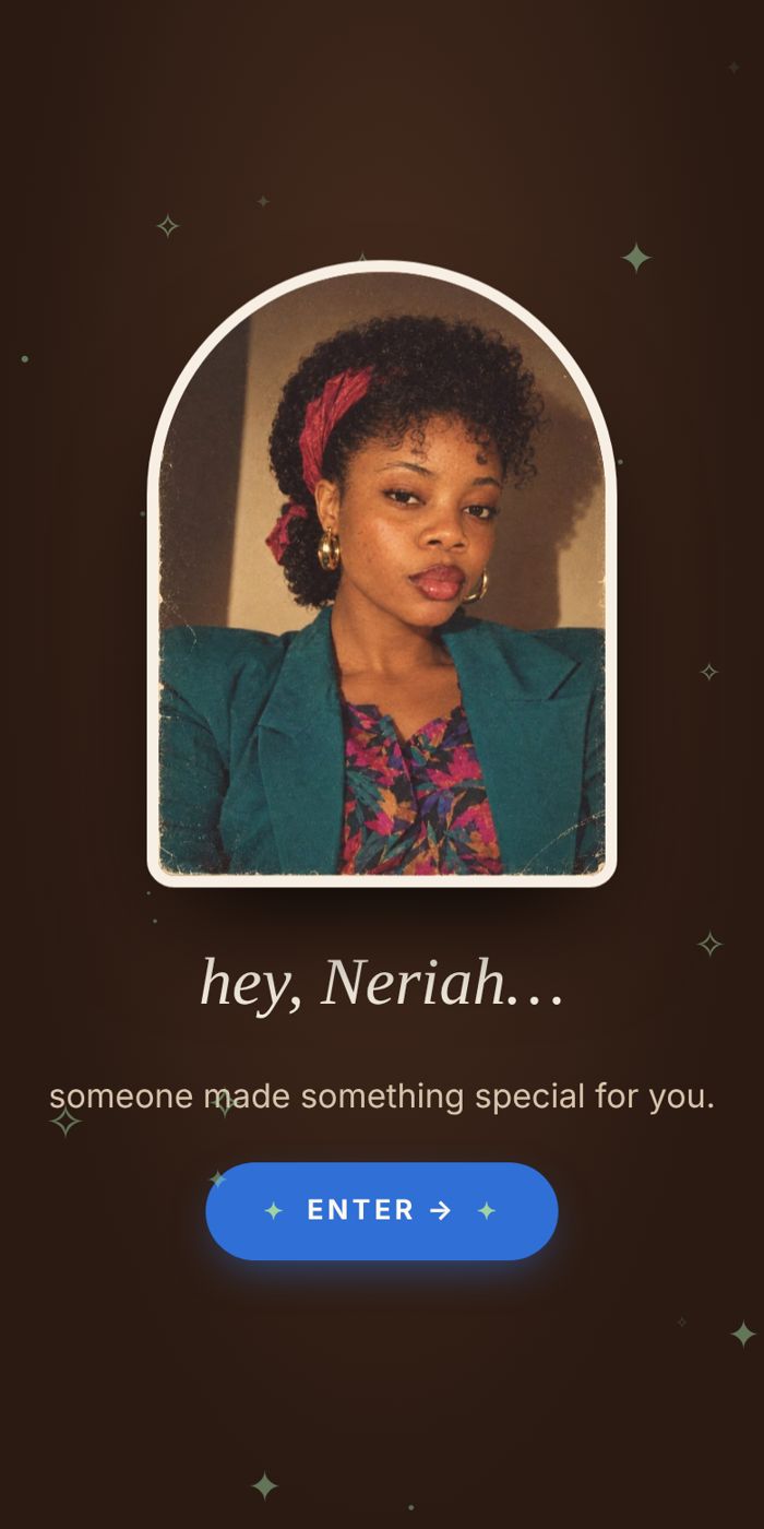 Opening screen with her photo and an Enter button