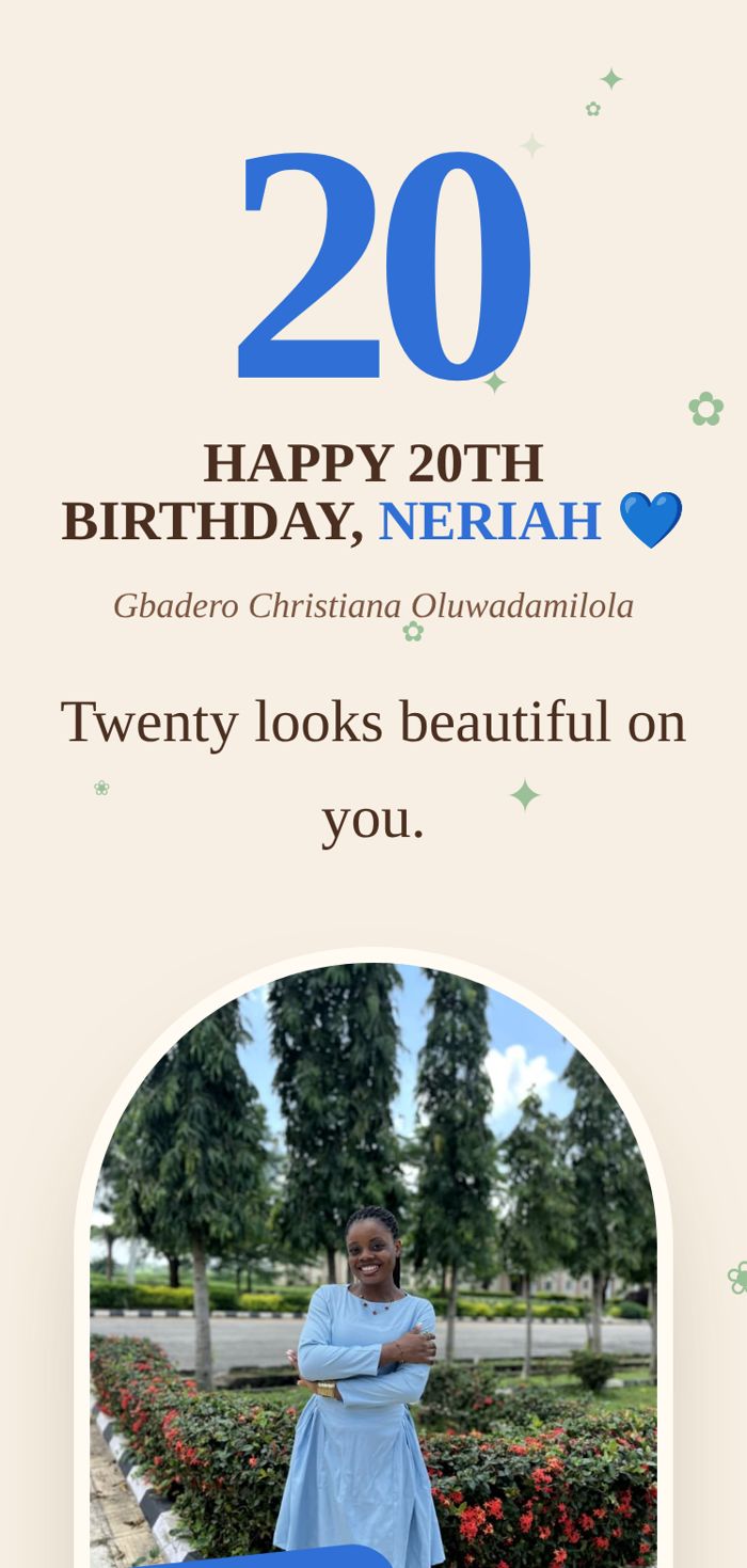 Big blue number 20 and a happy birthday title